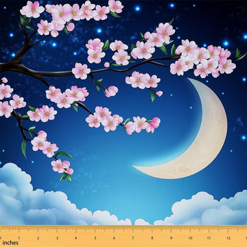 Japanese Style Cherry Blossom Fabric for Decoration, Starry Moon Night Outdoor Fabric by The Yard, Nature Flowers Blue