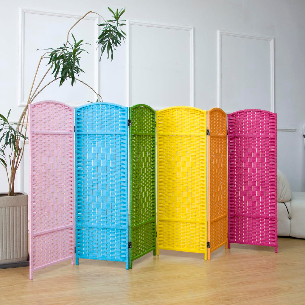 6 Panel Rattan Divider Short Room Partition Screen, Double Sided Folding Divider for Room Separation, Colorful, 47.2" H