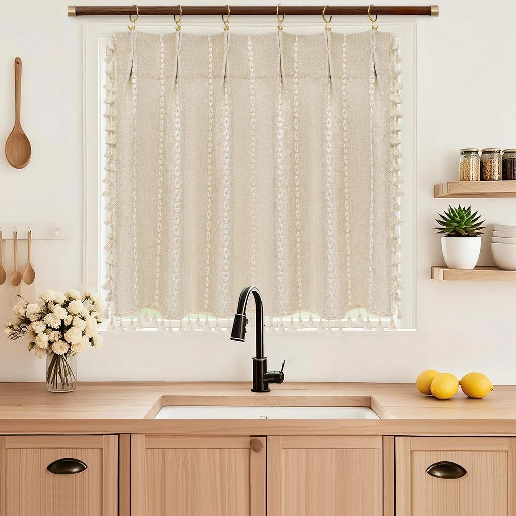 Beige Boho Farmhouse Window Curtain with Tassels, 30 x 36 Inch Light Filtering Sheer Short Cafe Window Curtain Tier
