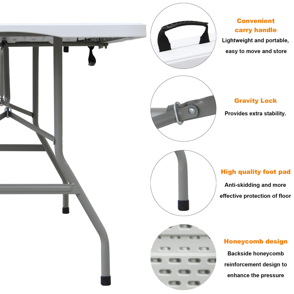 6ft Table, Folding Utility Table, Fold-in-Half Portable Plastic Picnic Party Dining Camp Table (White)