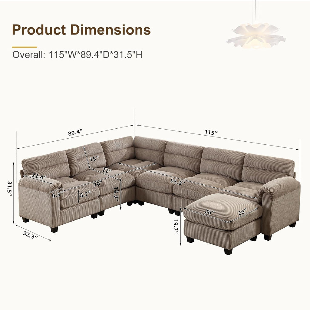 115" Modular Sectional Sofa Couch with Movable Ottoman, Oversized Corduroy U Shaped Sectional Couches with Rolled