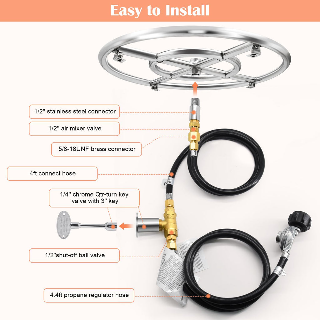 12 Inch Fire Pit Burner Ring Kits, DIY Propane Gas Firepit Insert Round Burner with Igniter Kits and Propane Hose