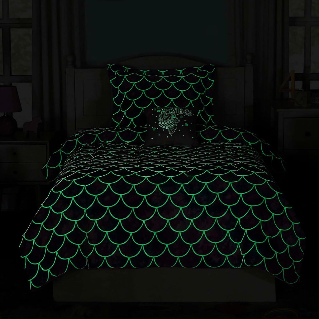 Twin Comforter Set for Girls-3 Pieces Mermaid Glow in the Dark Twin Bedding Sets for Kids, 1 Comforter, 1 Sham and 1