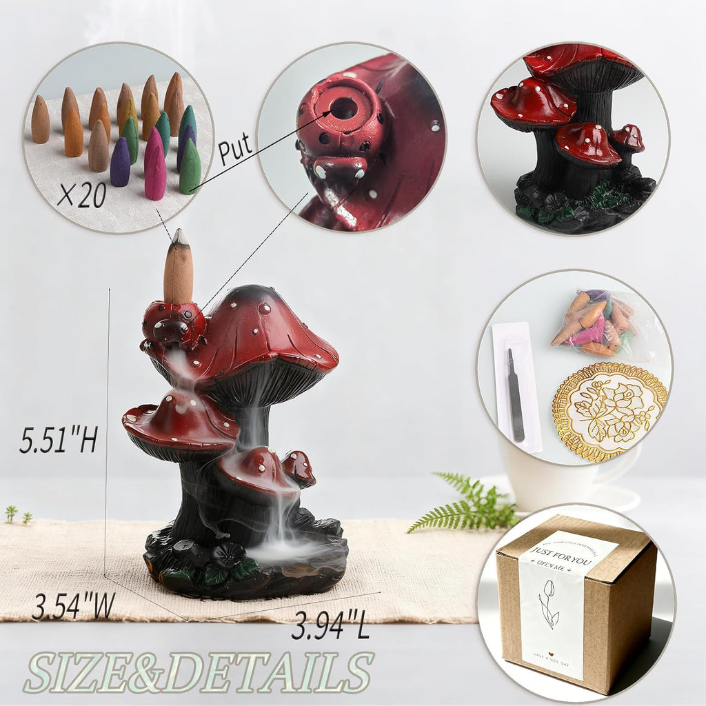 Incense Holder Waterfall Backflow Incense Burner Mushroom Decor with 20 Cones, Resin Relaxation Burner for Palo - Set of 20