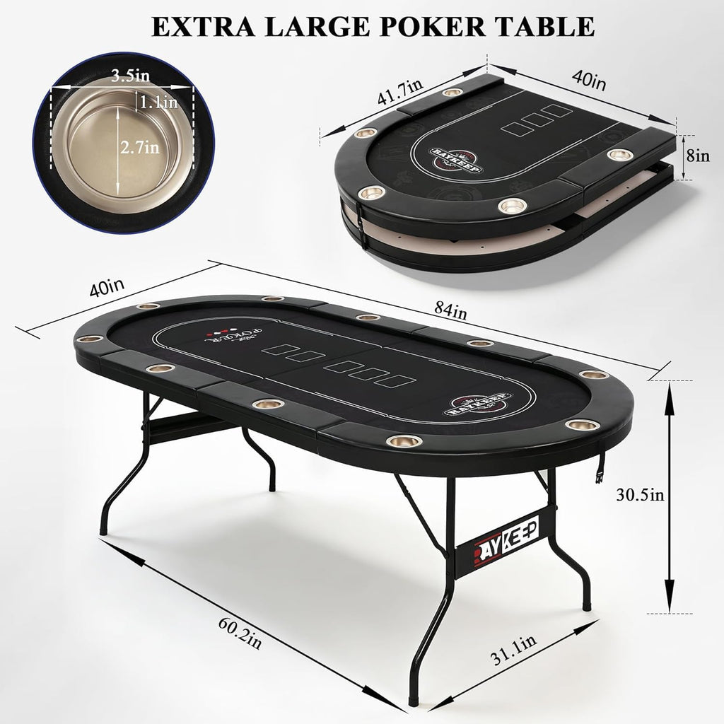 84" Poker Table for 10 Players, Foldable Texas Holdem Table with Padded Rails & 10 Cup Holders, Portable Casino Board