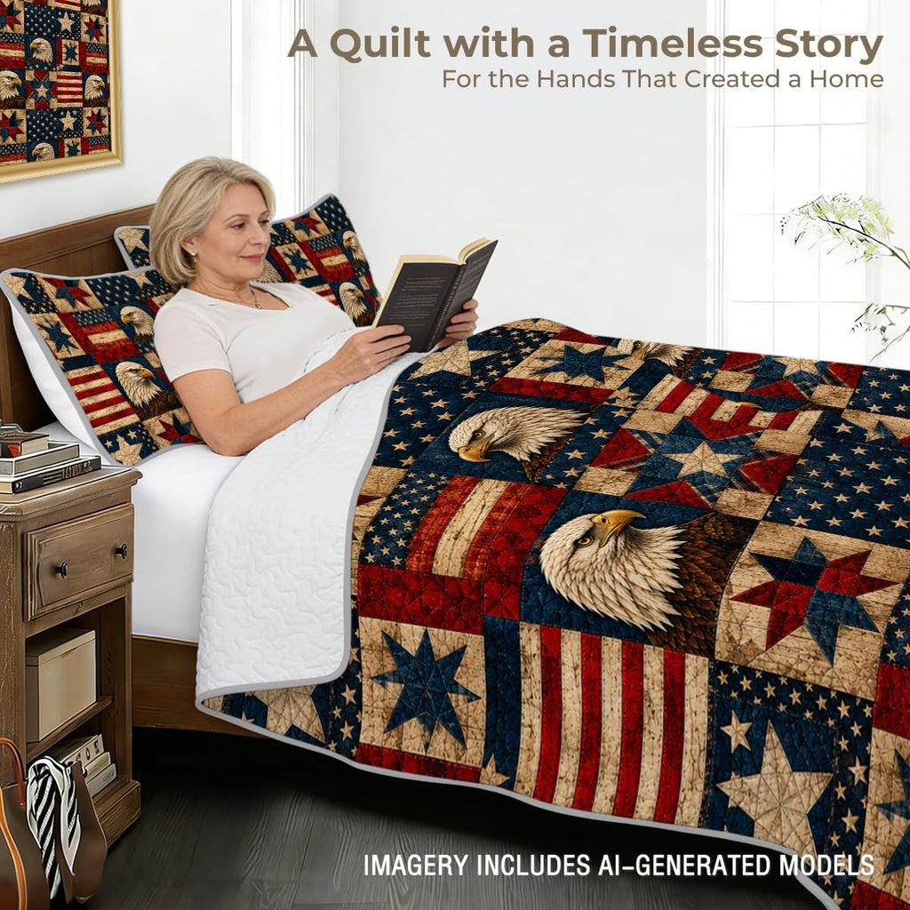 2 Pieces Patriotic Eagle Quilt Set with American Flag and Sunset Mountain Scene, Rustic Microfiber Bedding Decor, 1