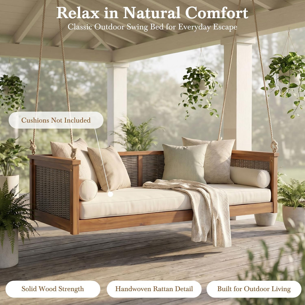 Twin Size Porch Swing Bed, Acacia Wood & Handwoven Rattan Hanging Swing Daybed with Hemp Ropes, 400 lbs Capacity