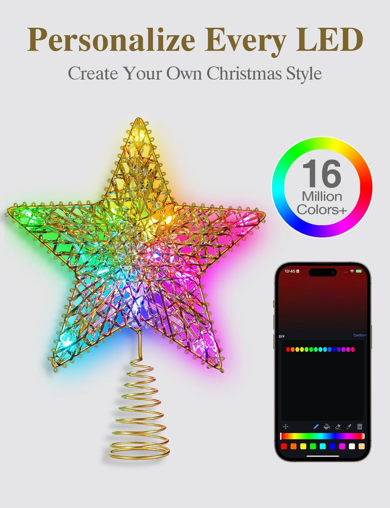 Smart Gold Christmas Tree Topper Star, 9.1" Wide x 11.8" Overall Height RGB LED 3D Metal
