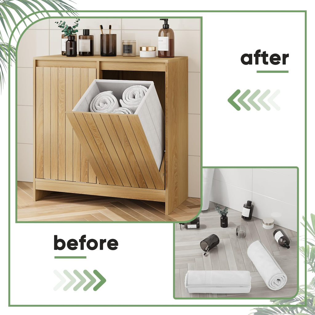 Double Tilt Out Laundry Hamper Cabinet, Hidden Laundry Cabinet with Double Baskets, Natural Trash Can