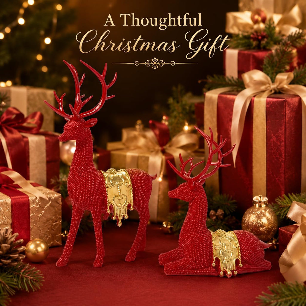 Red Gold Reindeer Figurines Set of 2 for Christmas Tabletop Decor