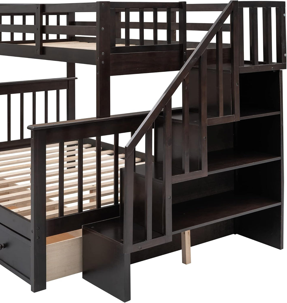 Wood Twin Over Full Bunk Bed with Storage Stairs for Kids Boys Girls, Stairway Bunk Bed with Drawers and Guardrails