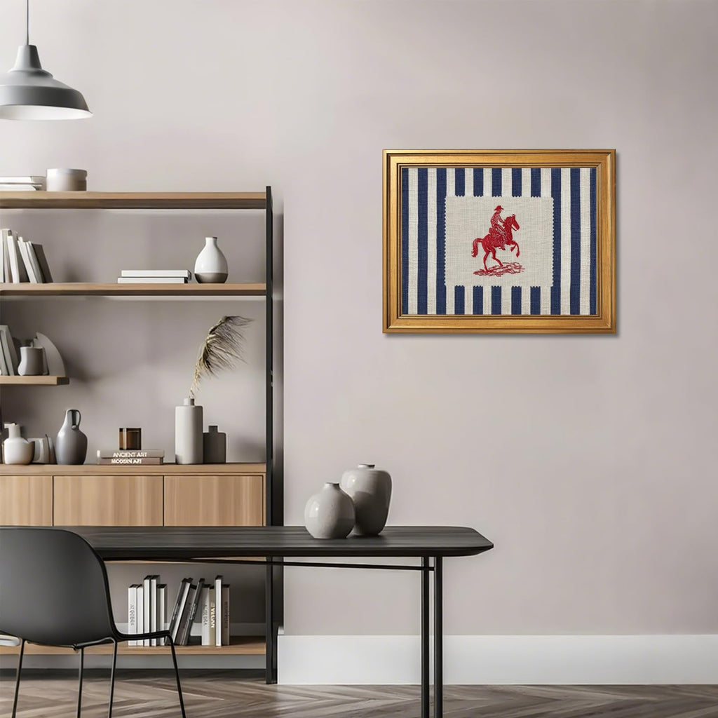 Framed Vintage Cowboy Canvas Wall Art Blue Striped Preppy Equestrian Poster Farmhouse Americana Horse Print Western
