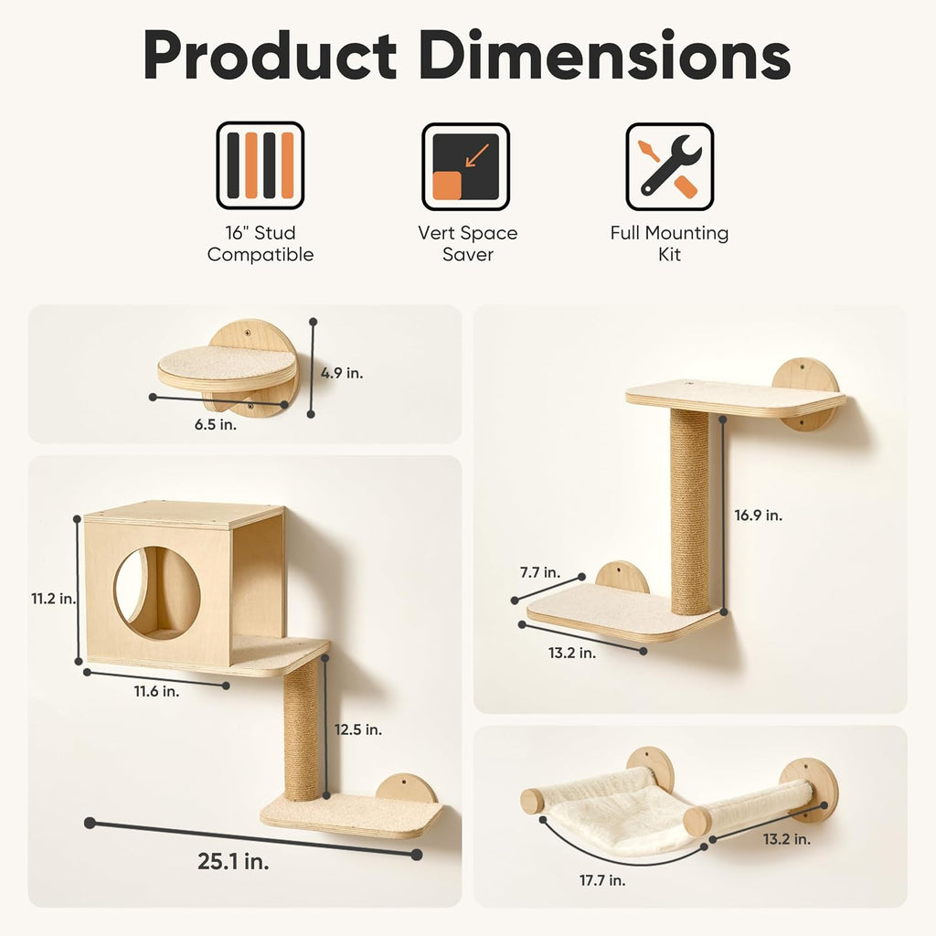 Cat Wall Shelves, 5 in 1 Set, Beige