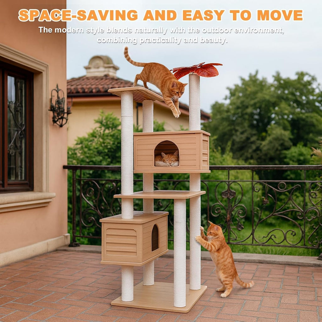 64in Weatherproof Outdoor Cat Tower, Multi Level with Two Large Cat Condos