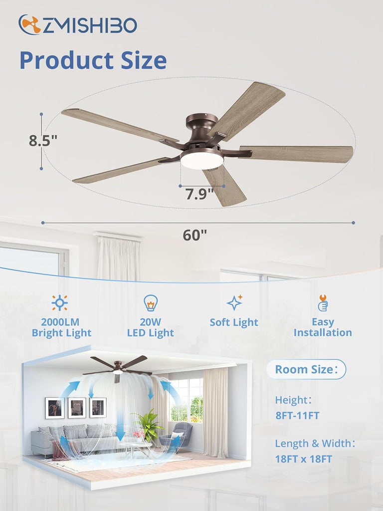 60 Inch Ceiling Fan with Light, App&Remote Control, Flush Mount Low Profile, Dimmable 20W LED Light, Quiet Reversible Motor for Bedroom, Living Room, Apartment, Brown A101-B0F8B67B1W
