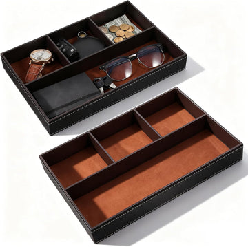 Valet Tray for Men, Mens Valet Tray Stackable Leather Organizer, Brown Drawer Trays for Watch, Wallet - Set of 2