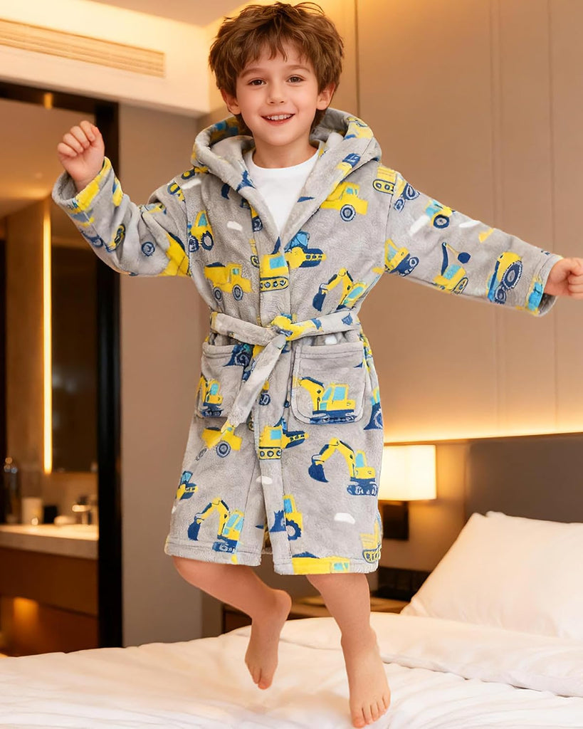 Boys Fleece Robe, Hooded Toddler Soft Fuzzy Bathrobe for Kids