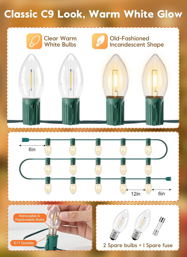 C9 Christmas Lights Outdoor, 100FT 50 Clear LED Bulbs, Warm White