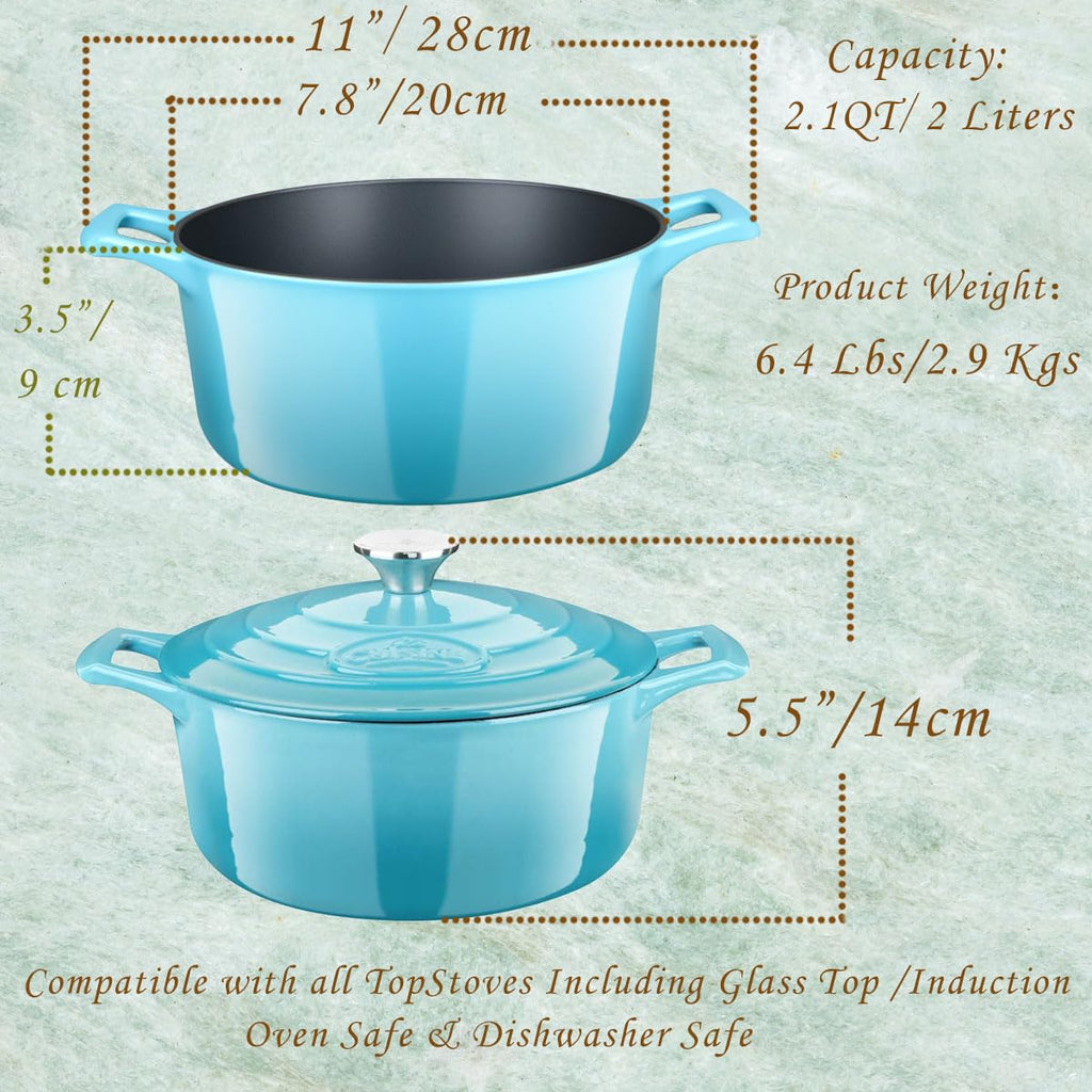 Enameled Cast Iron Dutch Oven Casserole Pot with Lid Internal Matt Black Enamel Coating for baking bread 2.1 QT 7.8"