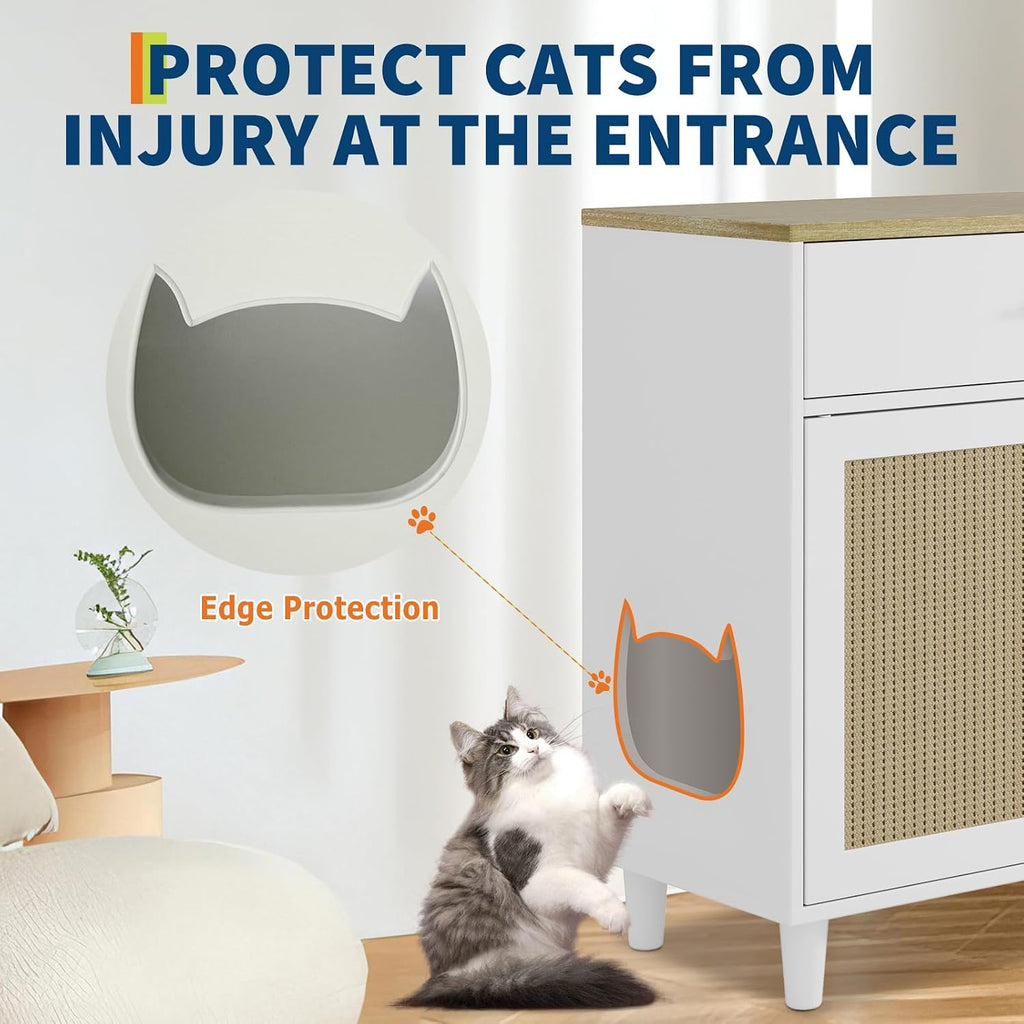 Cat Litter Box Cabinet Corner Hidden Litter Box Enclosure with Scratching Board Doors & Storage Drawer, Fits Most