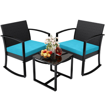 3 Piece Patio Furniture Set, All-Weather Imitation Rattan Conversation Set, Outdoor Rocking Chair Bistro Set with