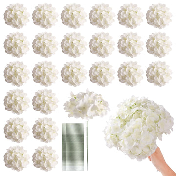 24 Pcs White Artificial Bulk, Faux Full Heads with Stems, Fake Silk for Wedding, Garden, Home, Party Decoration