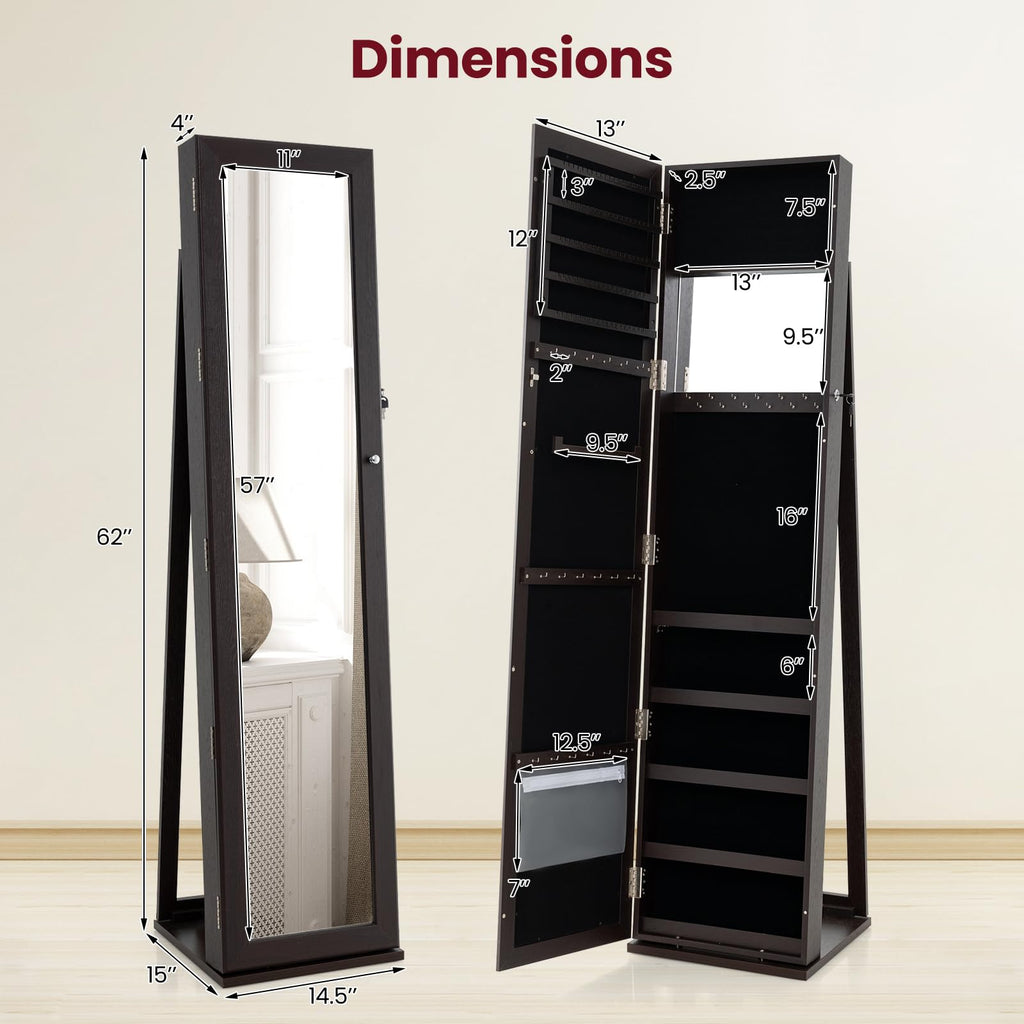 Jewelry Cabinet with Full-length Mirror, Jewelry Storage Organizer with Makeup Mirror, Back Storage Shelf, Lockable