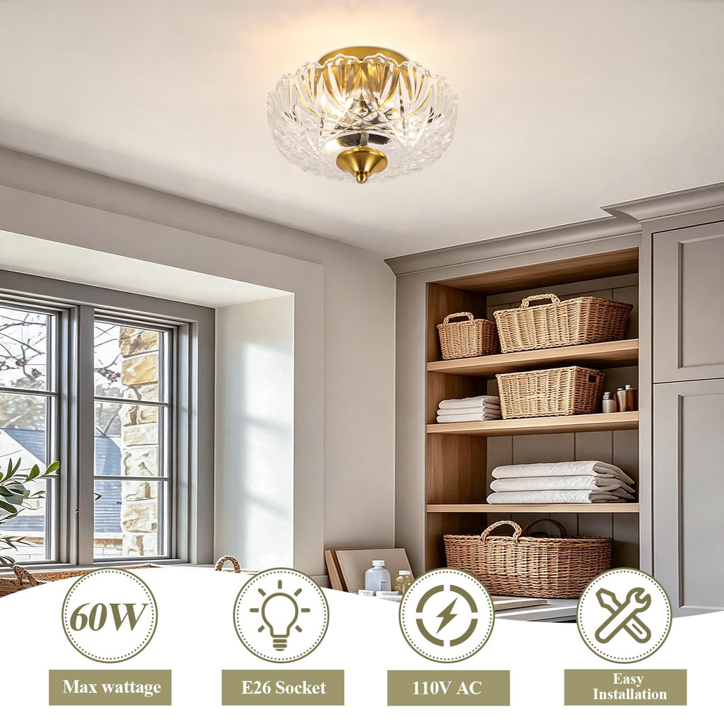 Vintage Ceiling Light, Semi Flush Mount Ceiling Light 9.44 Inch E26 Small Transparent Glass Ceiling Lighting Kitchen