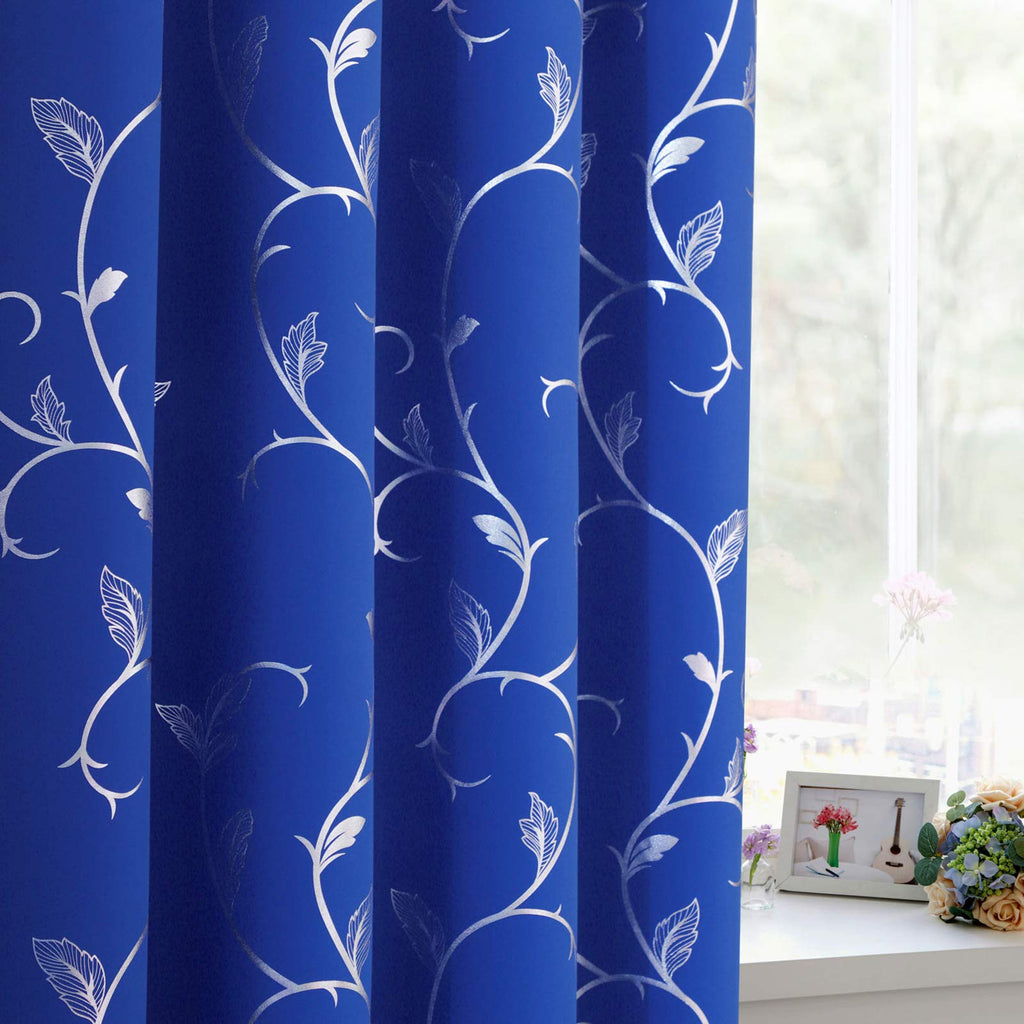 Living Room Blue Blackout Window Curtains Silver Beautiful Flower Print Room Darkening Curtains 38W×84L Royal Blue