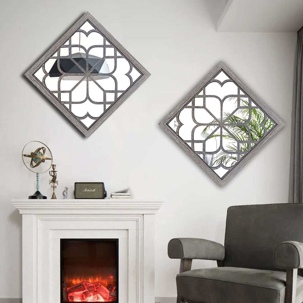 2 PCS Square Wall Mirror, Gorgeous Rustic Farmhouse Accent Mirror, Barn Wood Color Entry Mirror