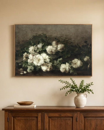 Vintage Botanical White Roses Framed Canvas Wall Art, Natural Wood Frame Floral Still Life Painting, Mid Century