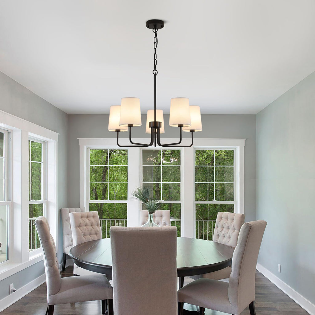 Farmhouse Chandelier, Matte Black with White Fabric Shade, Farmhouse Linear Island Lighting Fixture (5-Light Matte