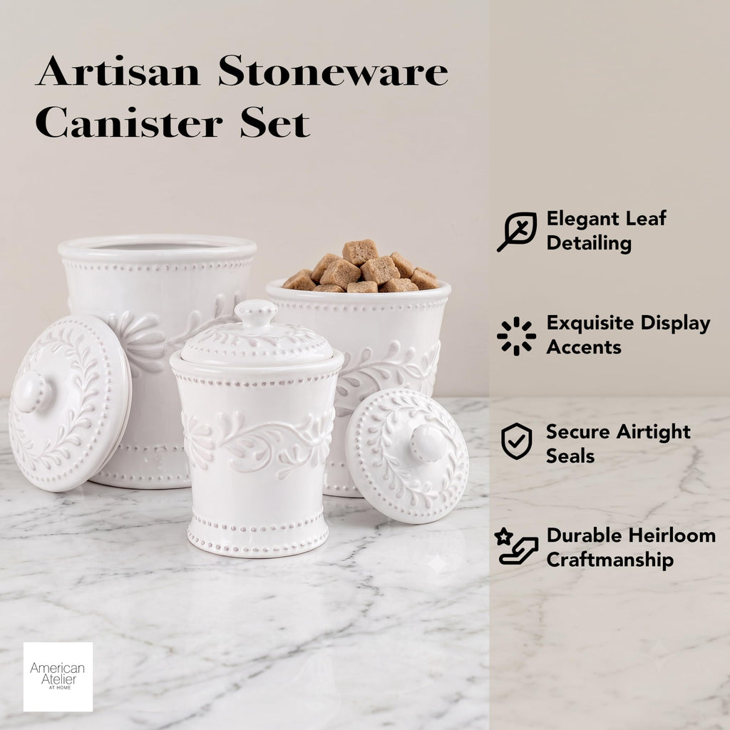 Ceramic Canister Set w/Lids Bianca Leaf, White 3PC