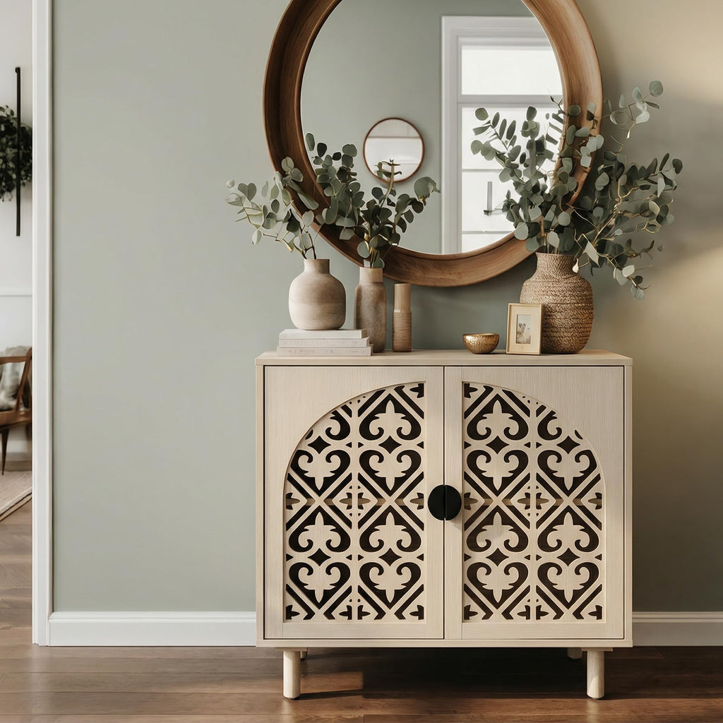 2 Doors Decorative Hollow Carved Storage Cabinet Sideboard, Natural, 1pc.