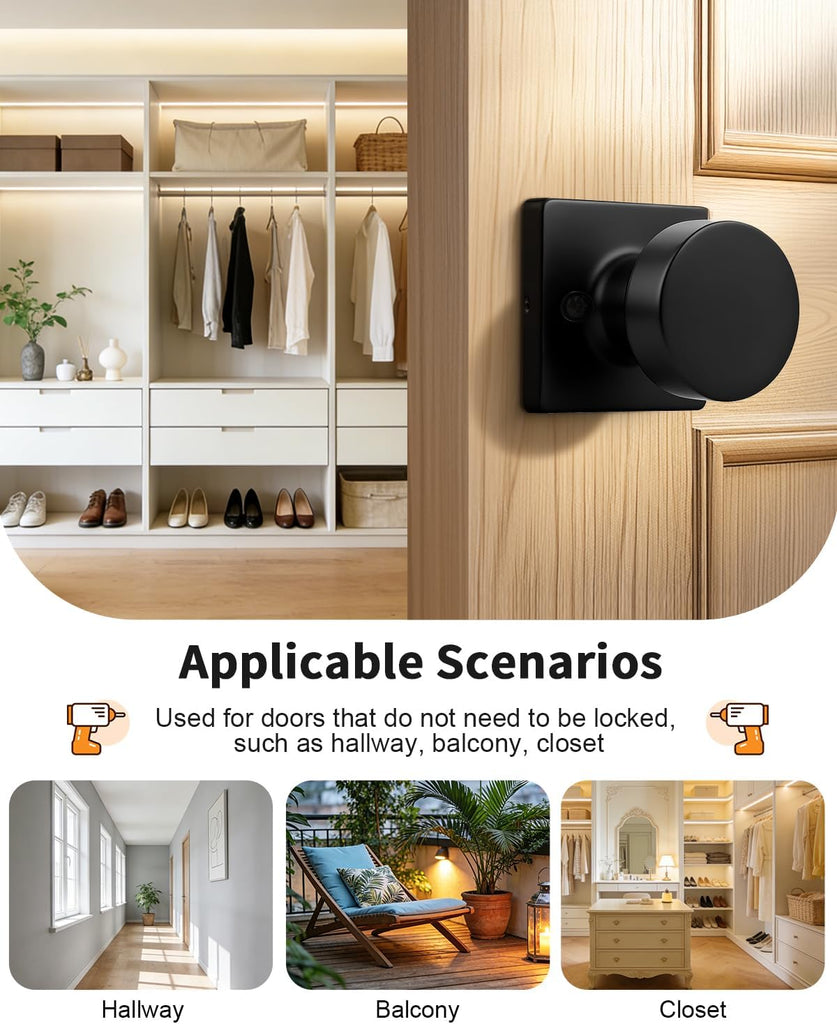 Matte Black Dummy Door Knobs Interior, Single Sided Dummy Door Handles for Closet 2 Pack, Standard Size Non-Turning