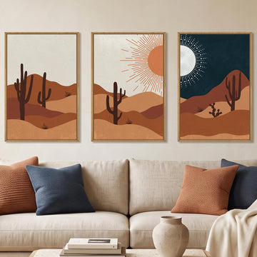 Boho Cactus Desert Abstract Sun Moon Framed Canvas Wall Art