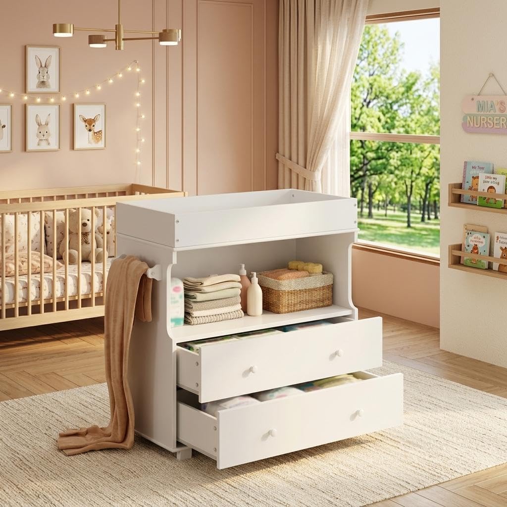 Baby Changing Table with Drawer and Storage Shelves | Heavy Duty Diaper Station, White Wooden Changing Table with