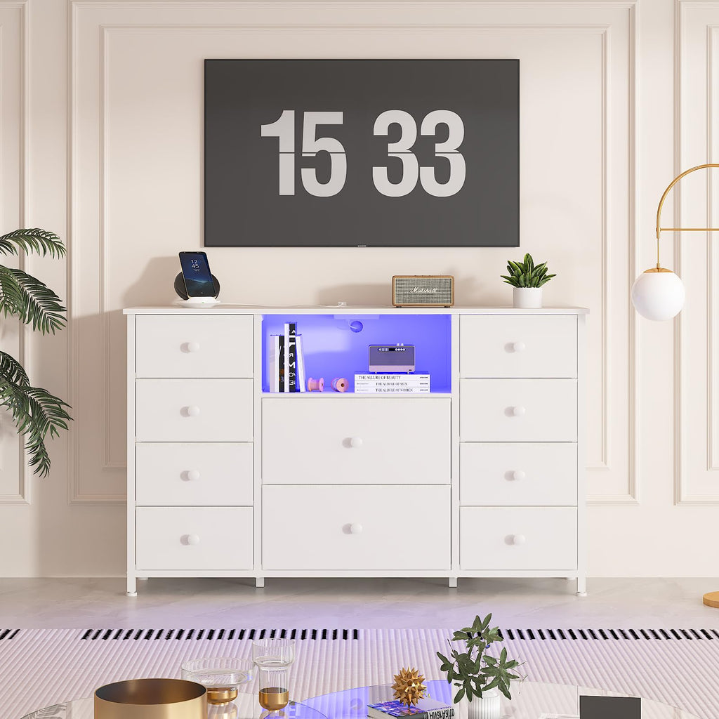 Dresser with Charging Station and LED Lights, White Dresser