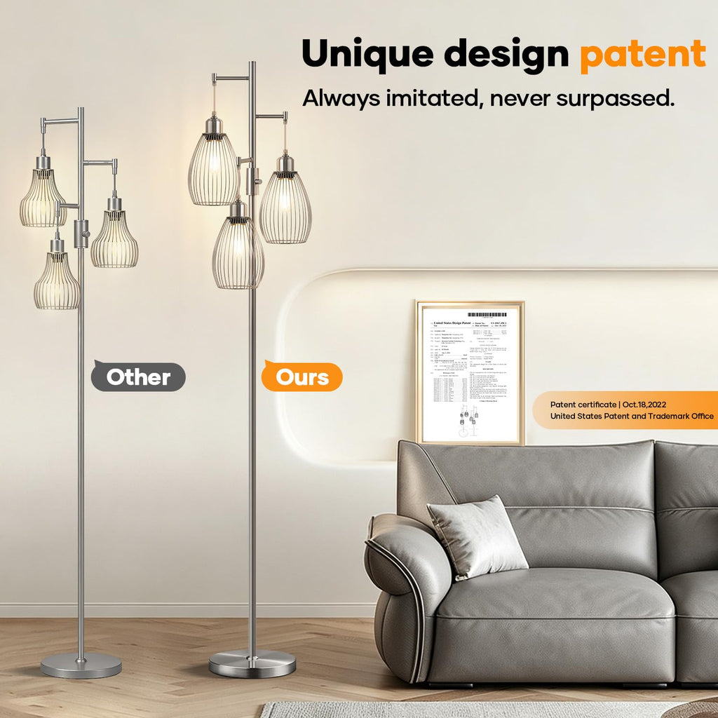 Dimmable Floor Lamp, 3 x 800LM LED Edison Bulbs Included, Industrial Floor Lamp Standing Tree Lamp with Elegant