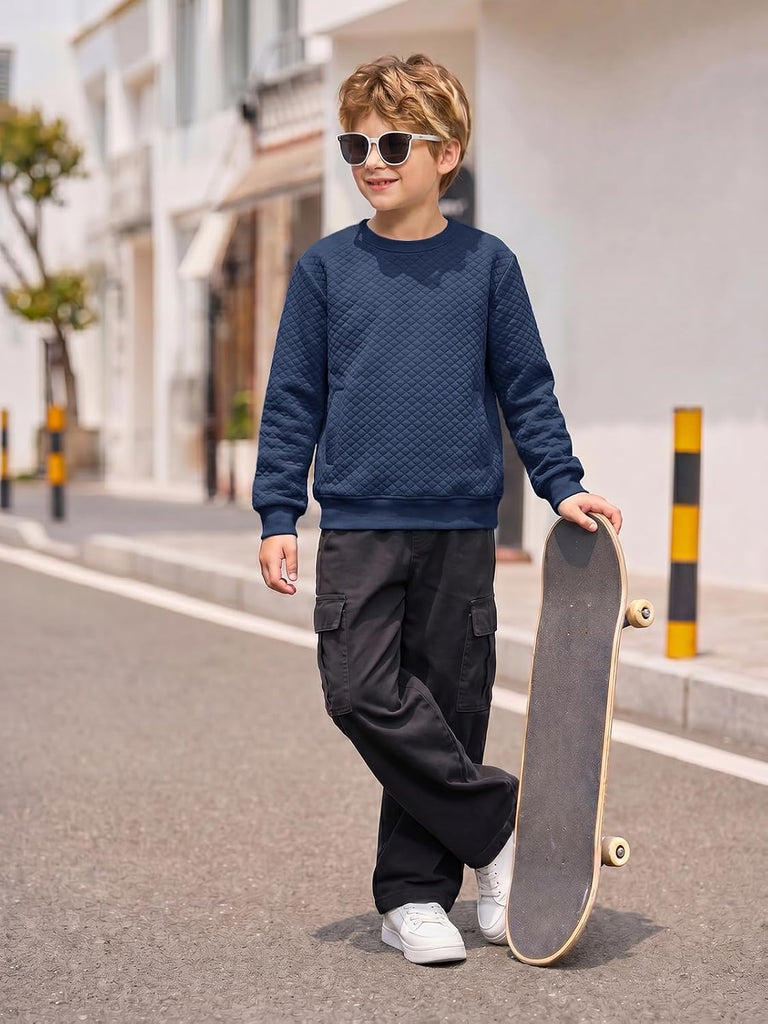 Boys Quilted Sweatshirts Kids Fashion Crewneck Long Sleeve Pullover Clothes with Pockets