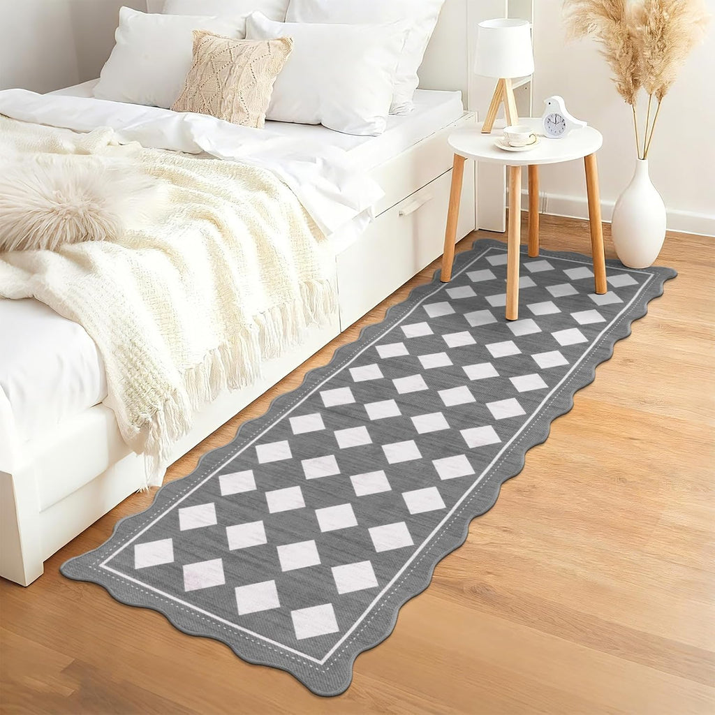 Checkered Hallway Runner Rug 2x6, Non Slip Washable Mat, Grey