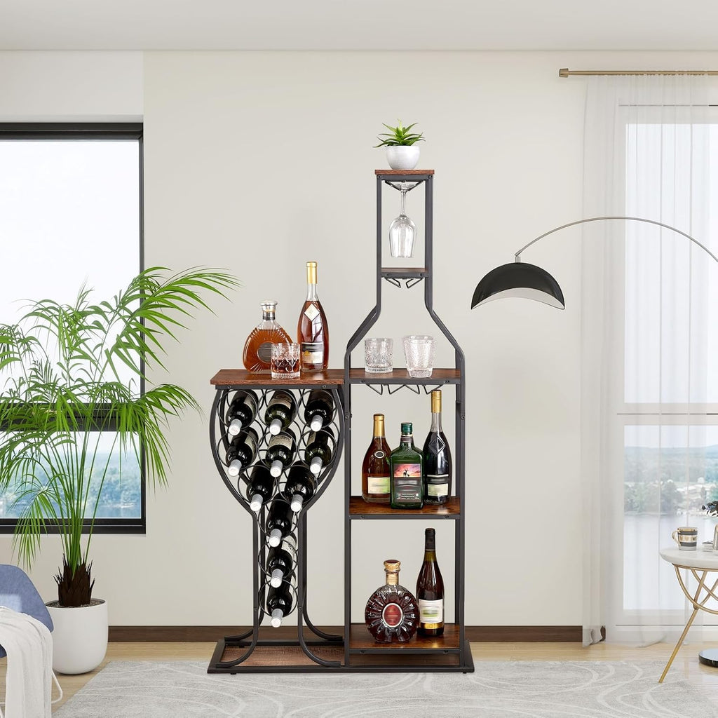 5-Tier Wine Rack Freestanding Floor, 11 Bottles Modern Wooden Wine Holder-Storage Cabinet Bar, Kitchen, Dining Room