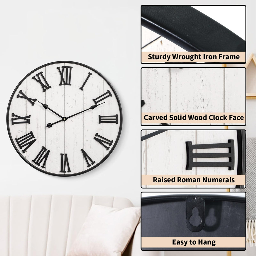 Large Rustic Wooden Wall Clock, 24 Inch Whitewashed Farmhouse Wall Clock with Carved Roman Numerals, Silent Battery