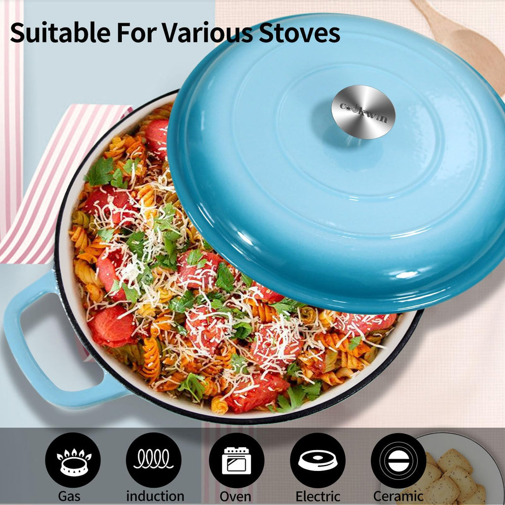 3.8 Quart Enameled Cast Iron Braiser Pan with Lid, Shallow Dutch Oven, Teal