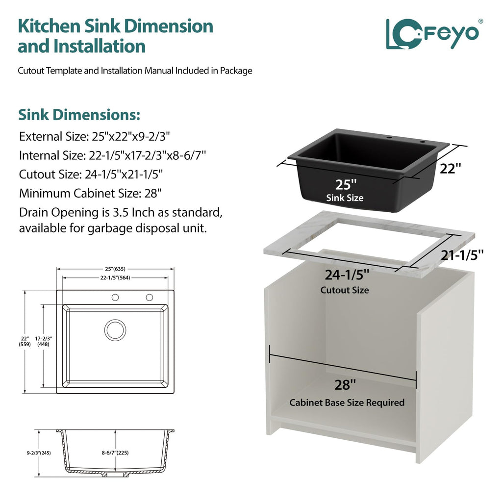 25x22 Inch Black Granite Composite Drop Sink Top mount Quartz Single Bowl Contemporary Kitchen Deep Sink Basin with