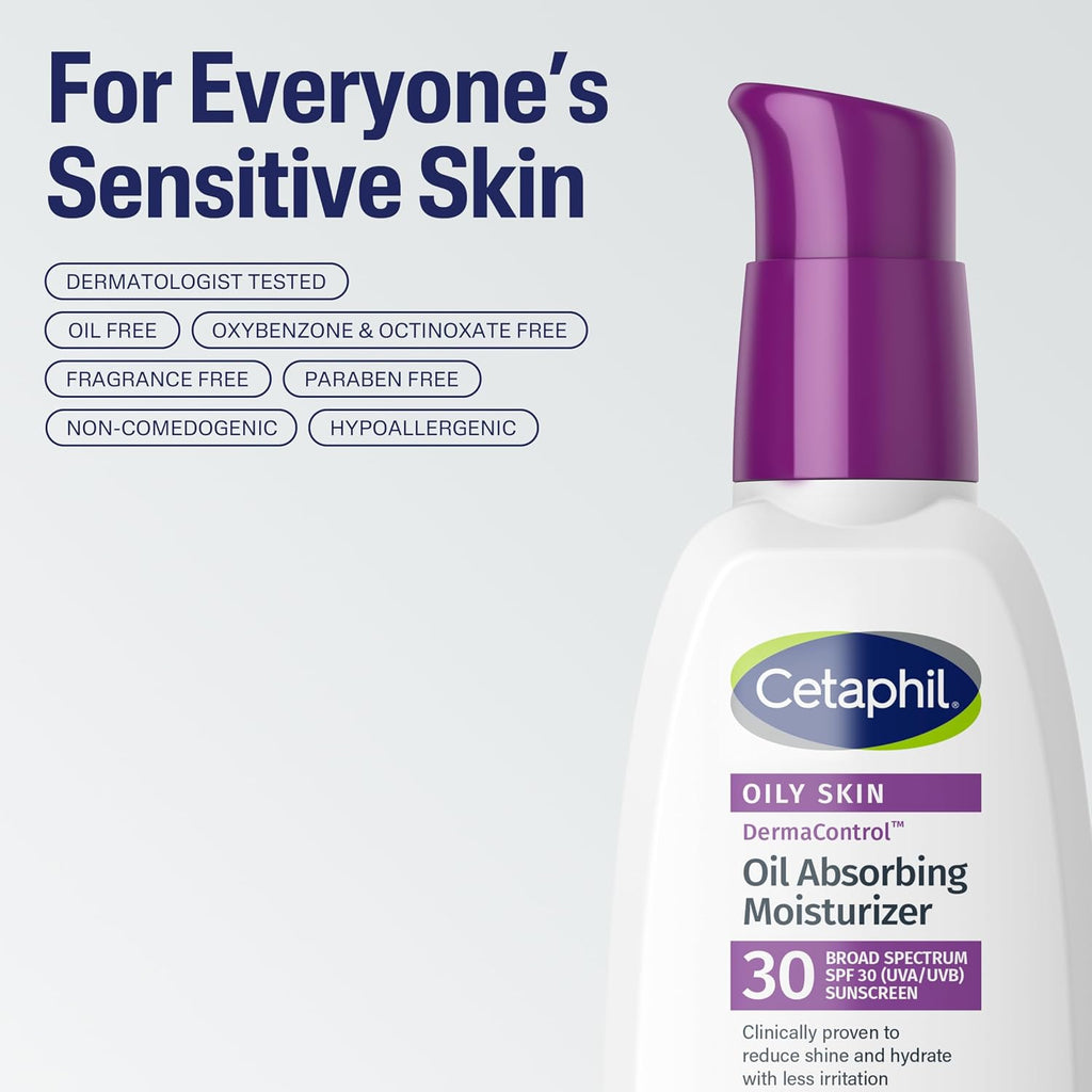 DermaControl Oil Absorbing Moisturizer with SPF 30, For Sensitive, Oily Skin, 4 Fl oz, Absorbs Oil, Reduces Shine, Hydrates, Protects, No Added Fragrance