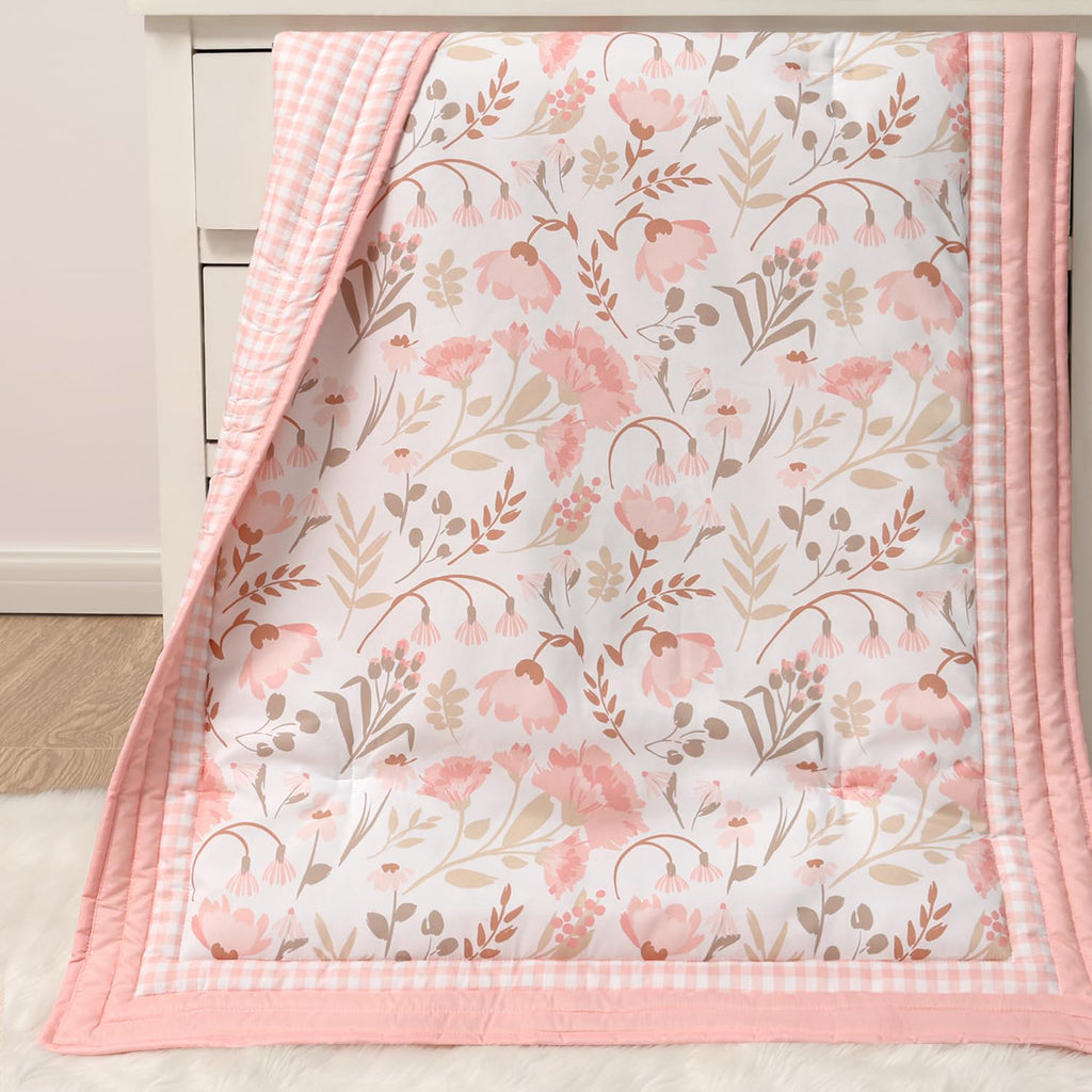 Whimsical Floral 3 Piece Baby Crib Bedding Set for Girls, Pink Botanical Nursery Decor, Reversible Comforter, Crib