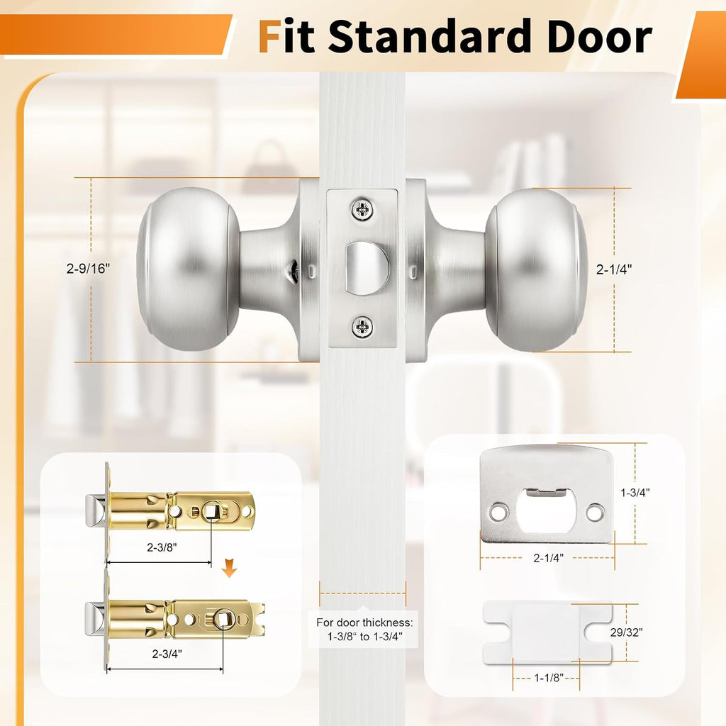 Brushed Nickel Door Knob, Passage Door Knobs for Closet and Hallway, Keyless Interior Door Knob, 6 Pack