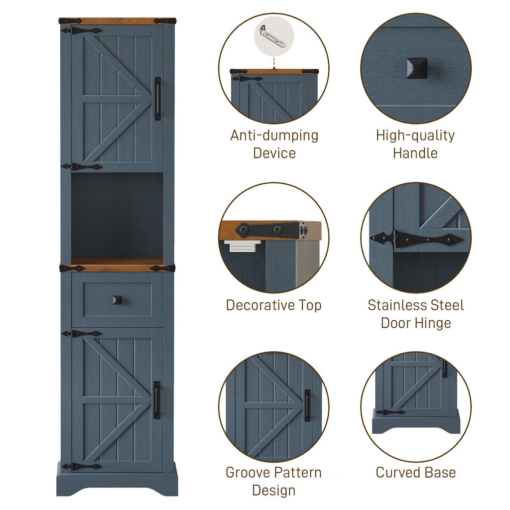 66" Tall Farmhouse Bathroom Storage Cabinet with Barn Doors, Blue