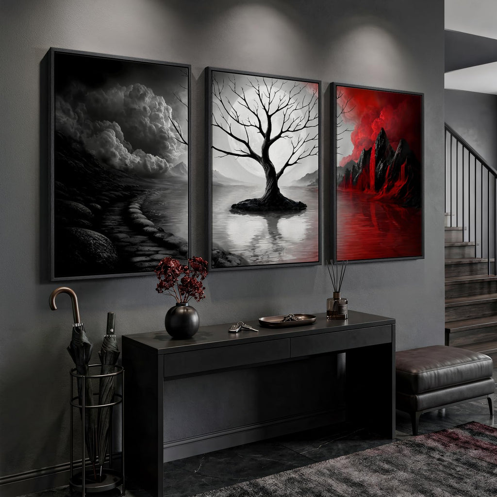 Large Framed Red and Black White Tree Wall Art, 24x36 Inch